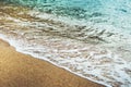 Coastline beach on sunny day background of ocean and sky, gold sand close up blur, tourism relax calm concept, seascape perspectiv