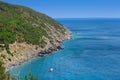 Coastline with cliff mountain and seashore view. Pitched rock face on the sea. Elba island in Italy. Aerial view with rocks and