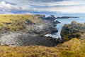 Coastline cliffs with basalt columns at Arnarstapi, scenic and thriving tourism destination in Iceland.