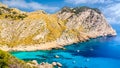 Coastline with cliffs, turquoise water and yachts. Cala Figuera beach on Formentor peninsula, Mallorca Royalty Free Stock Photo