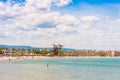 Coastline Costa Dorada, beach in La Pineda, Tarragona, Catalunya, Spain. Copy space for text.