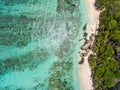Coastline of La Digue Island, Seychelles aerial overhead view Royalty Free Stock Photo