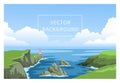 Coastline landscape with lighthouse. Irish green seascape with cloudy sky and big fluffy clouds. Signal building on