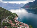 Coastline Of Montenegro. Aerial view of building on seaside, coastal road and mountains. Kotor bay Perast, Montenegro Royalty Free Stock Photo