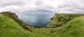 Panoramic view of Lealt Falls coastline on Isle of Skye, from green hills to pebble beach Royalty Free Stock Photo