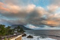 Coastline road with Mt. Kaimon in sunset, Kagoshima, Japan Royalty Free Stock Photo