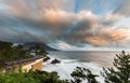 Coastline road with Mt. Kaimon volcano in beautiful sunset, Kagoshima, Kyushu, Japan. Royalty Free Stock Photo