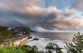 Coastline road with Mt. Kaimon volcano in beautiful sunset, Kagoshima, Kyushu, Japan Royalty Free Stock Photo