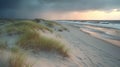 Coastline with sand dunes and wild grass. Empty sandy beach before sunset. Generative AI Royalty Free Stock Photo