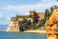 Coastline with sandy beach and castle in Ferragudo, Algarve, Portugal Royalty Free Stock Photo