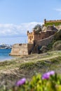 Coastline with sandy beach and castle in Ferragudo, Algarve, Portugal Royalty Free Stock Photo