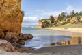 Coastline with sandy beach and the castle in Ferragudo, Algarve, Portugal Royalty Free Stock Photo