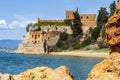 Coastline with sandy beach and castle in Ferragudo, Algarve, Portugal Royalty Free Stock Photo