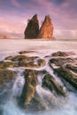 Coastline with sea stacks in sunset time with red and purple light. Rialto Beach in Olympic National Park, Olympic Peninsula, USA. Royalty Free Stock Photo