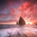 Coastline with sea stacks in sunset time with red and purple light. Rialto Beach in Olympic National Park, Olympic Peninsula, USA. Royalty Free Stock Photo