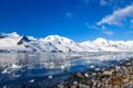 Coastline with stones and cold still waters of antarctic sea lag Royalty Free Stock Photo