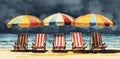 resort chair rest summer watercolor beach background sea vacation relax umbrella. Generative AI.