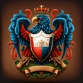 A coat of arms with a blue and red heraldic eagle in crown with a blue white and red shield on it. A brown background. Created Royalty Free Stock Photo