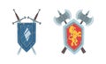 Coat of Arms on Escutcheon or Shield with Crossed Ax and Sword Vector Illustration Set