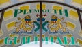 Coat of Arms on Glass above entrance to Plymouth Guildhall