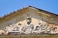 Coat of arms of Polish count Potocki family Silver Pilawa in Tulchyn on left wing of palace, summer day, clear deep blue sky Royalty Free Stock Photo