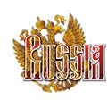 Coat of arms of the Russian Federation with the inscription Russia. In English.