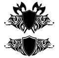 Wolf and axes heraldic shield black and white vector design set