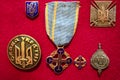 Coat of arms of Ukraine on ancient orders and medals. Ukrainian symbol. Flag and symbols.