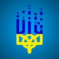 Coat of arms of Ukraine. Modern trident icon or emblem. National Ukrainian symbols. Vector illustration isolated on blue