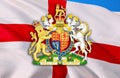 Coat of arms of United Kingdom on England flag. UK Royal National Symbol, 3D Rendering. British Royal flag. UK flag and sign of Royalty Free Stock Photo