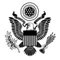 The Coat of Arms of the United States. Stylized black and white state emblem. Bald eagle holding 13 arrows in one paw and an olive