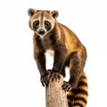 Coati Standing On Tree Trunk Against White Background Royalty Free Stock Photo