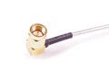 Coax cable 90 degrees angle gold plated SMA connector close up