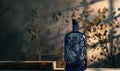 Cobalt blue glass bottle with botanical illustrations on background with textured shadow Royalty Free Stock Photo