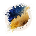 Cobalt blue yellow watercolor splash blot splatter stain with gold glitters. Watercolor brush strokes. Beautiful modern hand drawn Royalty Free Stock Photo