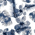 Cobalt Seamless Design. Navy Pattern Palm. White Tropical Leaves. Blue Wallpaper Hibiscus. Azure Drawing Leaves. Indigo Decoration