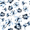 Cobalt Seamless Hibiscus. Blue Pattern Texture. Azure Tropical Botanical. Gray Flower Painting. Navy Watercolor Background. Royalty Free Stock Photo