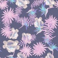 Cobalt Tropical Background. Coral Seamless Botanical. Blue Pattern Design. Gray Flower Exotic. Violet Drawing Palm.