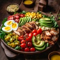 Cobb salad. Classic American salad with tomato, bacon, grilled chicken, eggs, avocado Royalty Free Stock Photo