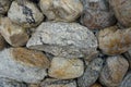 Cobble of gneiss metamorphic stones on the rock wall.