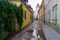 Cobbled alley with puddles after raining in Tallinn