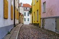 Cobbled street in the city of Tallinn at sunrise.