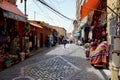 Cobbled street and colorful Market stalls. La Paz, Bolivia, October 10, 2023.