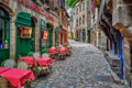 Cobbled street in the Old town of Dinan, Brittany, France