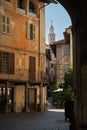 Cobbled street in the Saluzzo old town area. Piemonte, Italy Royalty Free Stock Photo