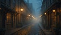 Cobbled streets with old lanterns illuminating the thin mist Royalty Free Stock Photo