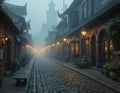 Cobbled streets with old lanterns illuminating the thin mist Royalty Free Stock Photo