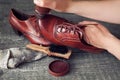 Cobbler applying shoe shiner on shoe Royalty Free Stock Photo