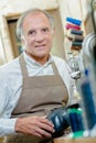 cobbler posing holding shoe Royalty Free Stock Photo