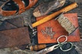 Cobbler's tools on a wooden background Royalty Free Stock Photo